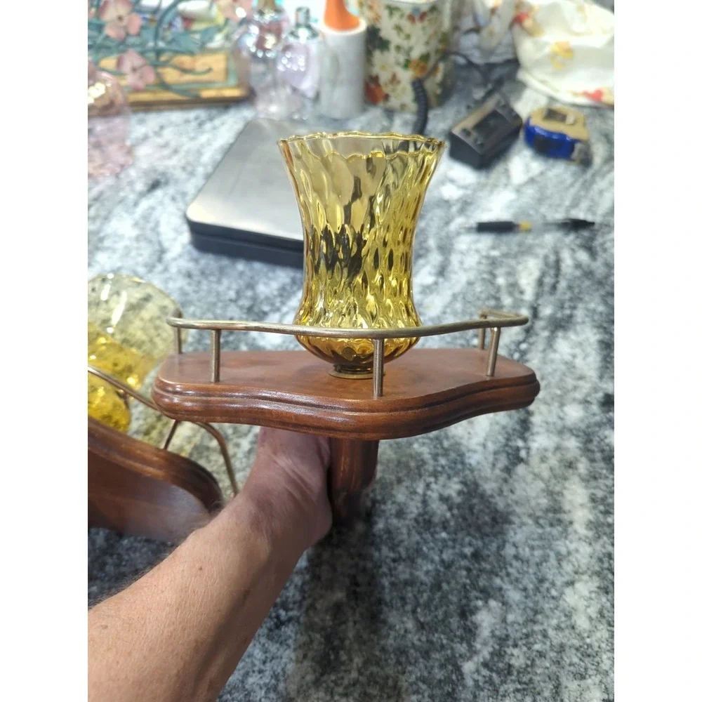 2 Vintage Homco Wood And Goldtone Brass Wall Sconce & Amber Candle Cups
